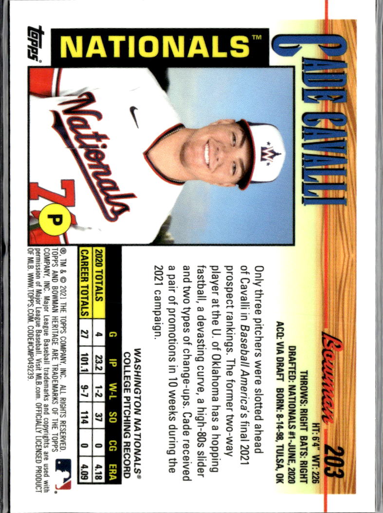Cade Cavalli 2021 Bowman Heritage Orange RC 15/25 Washington Nationals