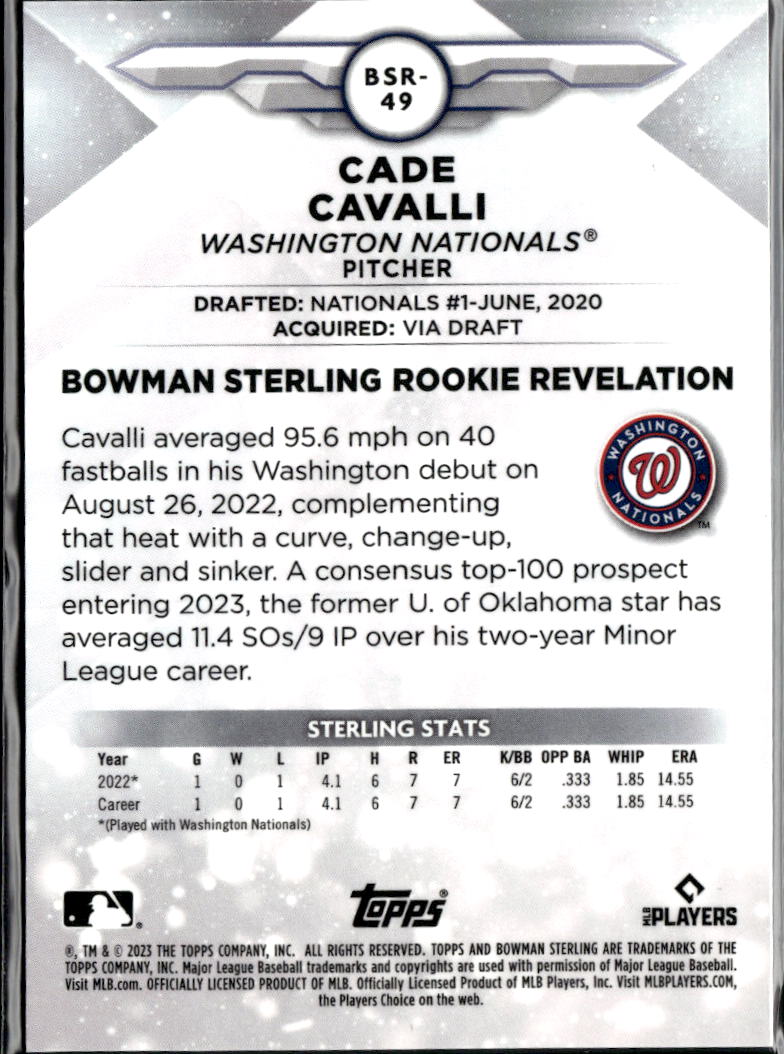Cade Cavalli 2023 Bowman Sterling Rookie GOLD RC 40/50 Washington Nationals