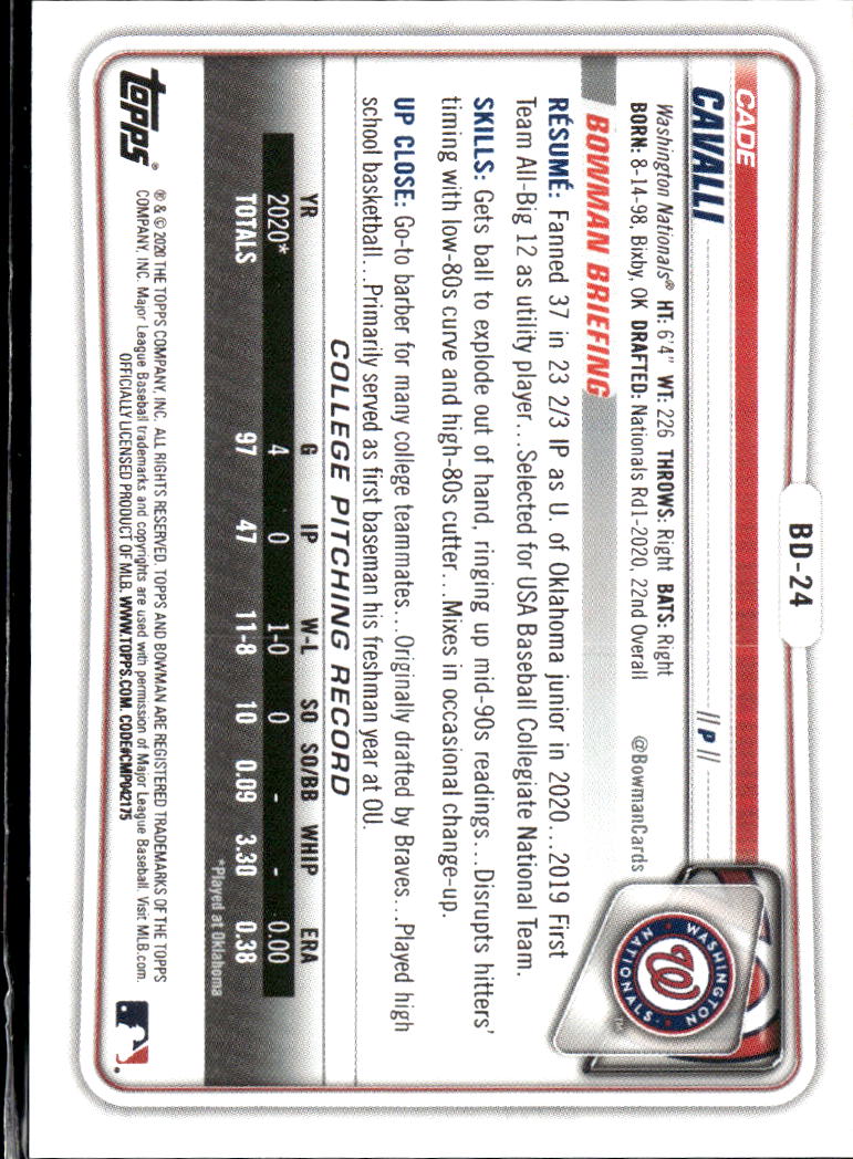 Cade Cavalli 2020 Bowman 1st GOLD Rookie RC 45/50 Washington Nationals