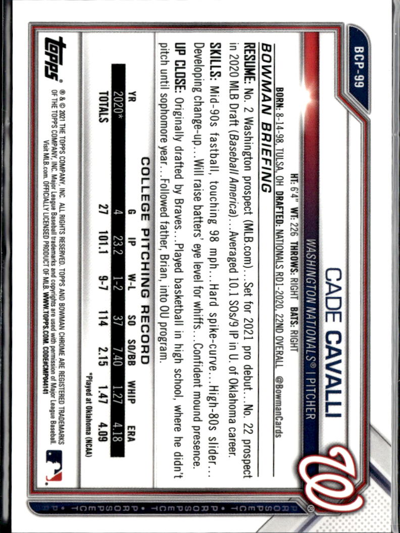 Cade Cavalli 2021 Bowman Chrome GOLD Shimmer Refractor 3/50 Nationals