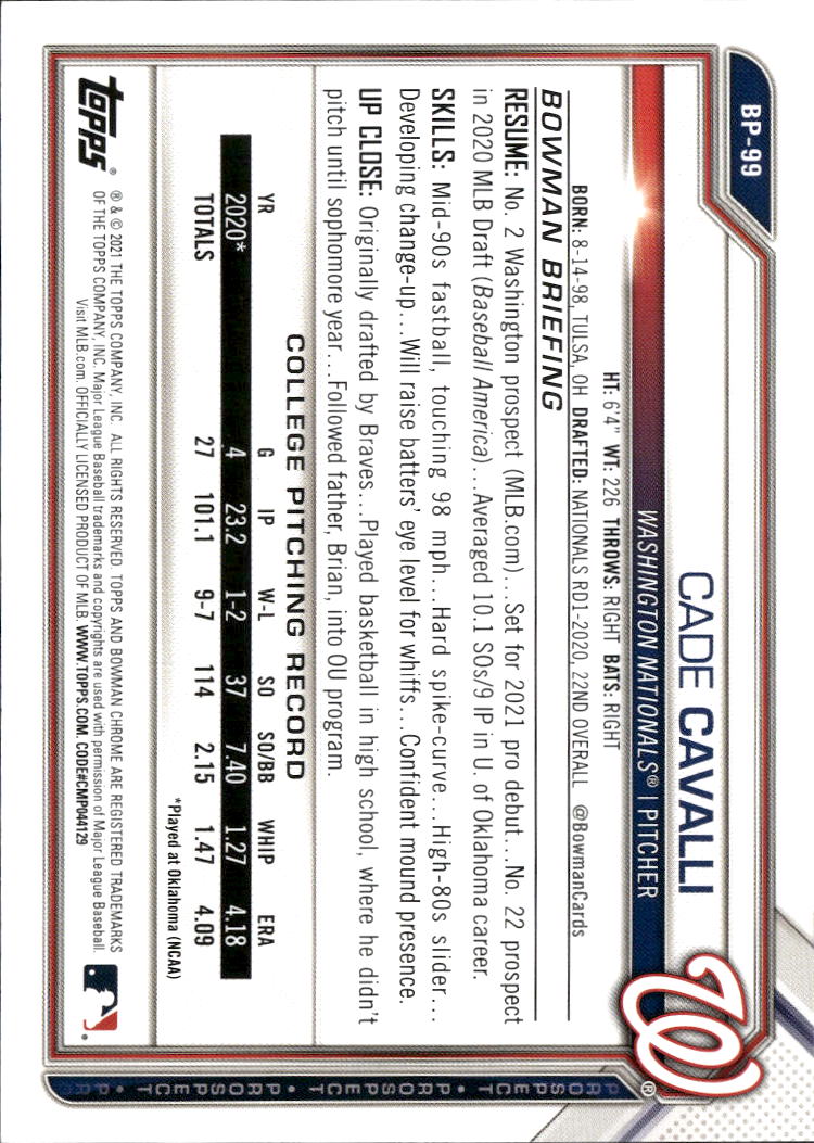 Cade Cavalli 2021 Bowman Orange Parallel 13/25 Washington Nationals