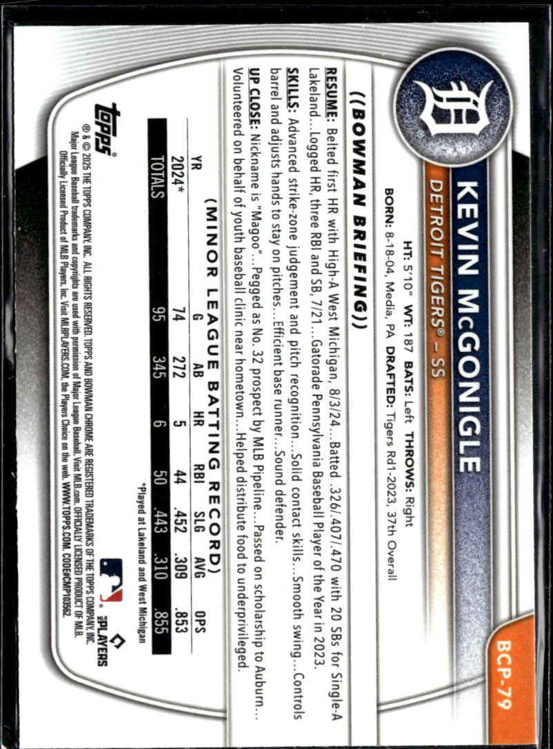 Kevin McGonigle 2025 Bowman Chrome 1st Mega Box Refractor Detroit Tigers