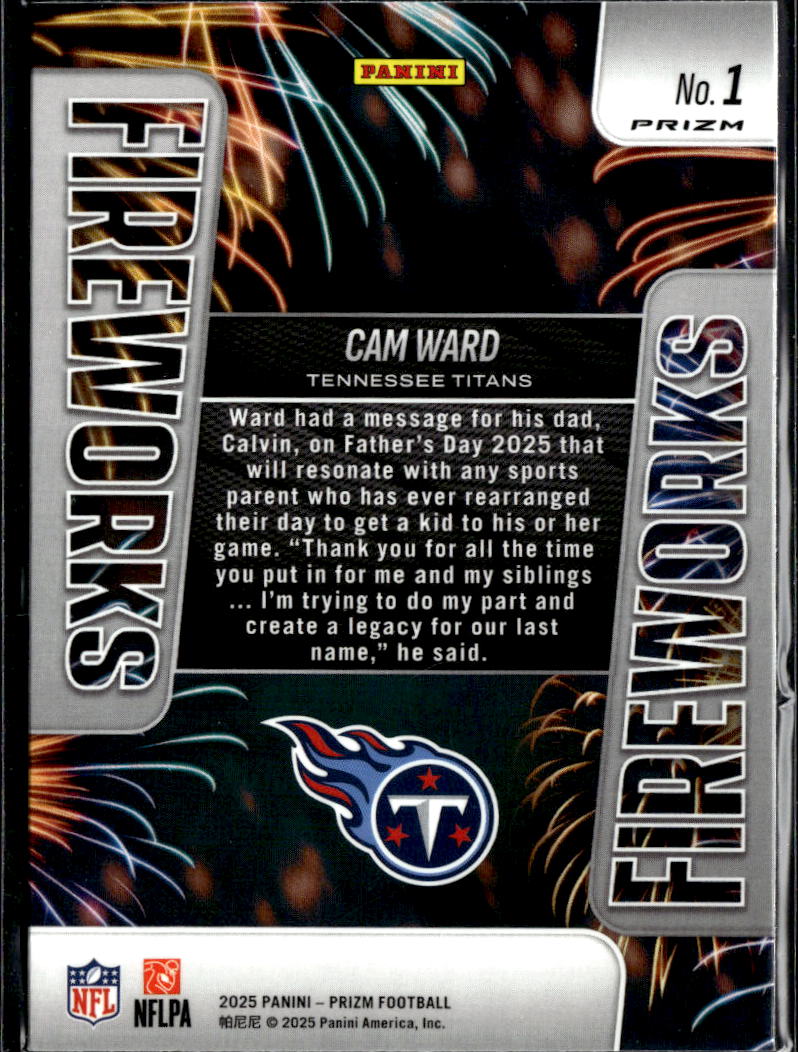 Cam Ward 2025 Panini Prizm Fireworks Disco Prizm Rookie RC Tennessee Titans
