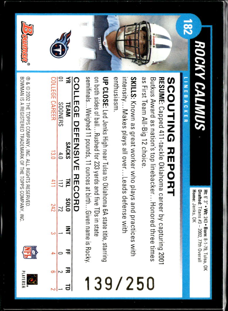 Rocky Calmus 2002 Bowman Black Rookie RC 139/250 Tennessee Titans
