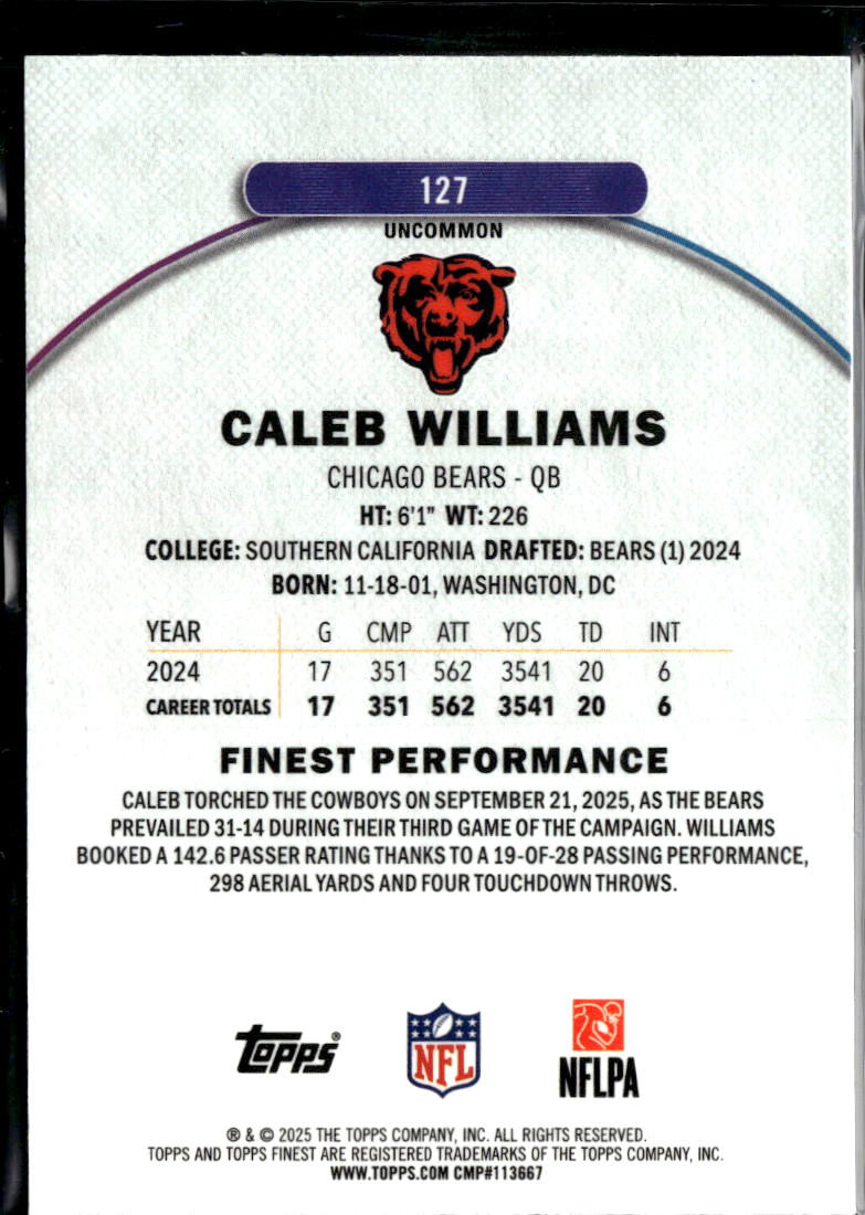 Caleb Williams 2025 Topps Finest Blue Refractor 60/75 Chicago Bears