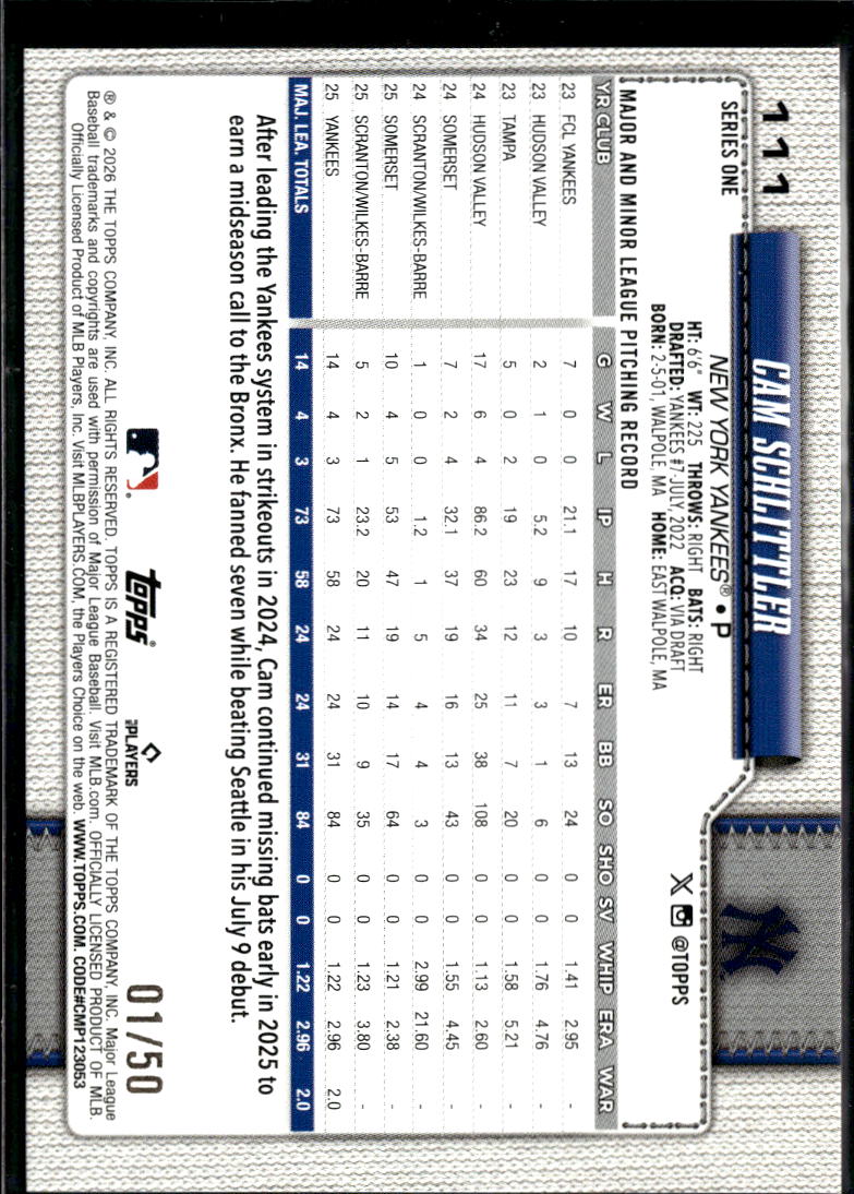 Cam Schlittler 2025 Topps Series 1 RC Gold Foil New York Yankees