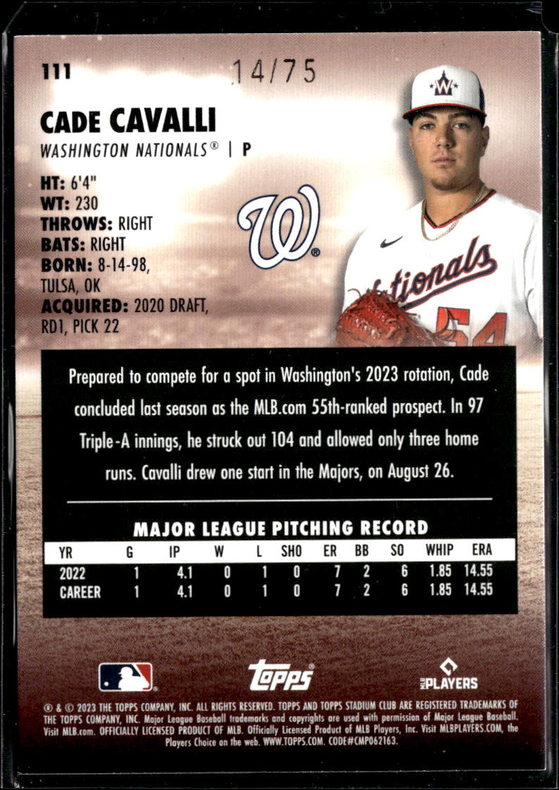 Cade Cavalli 2023 Topps Stadium Club RC Purple 14/75 Washington Nationals