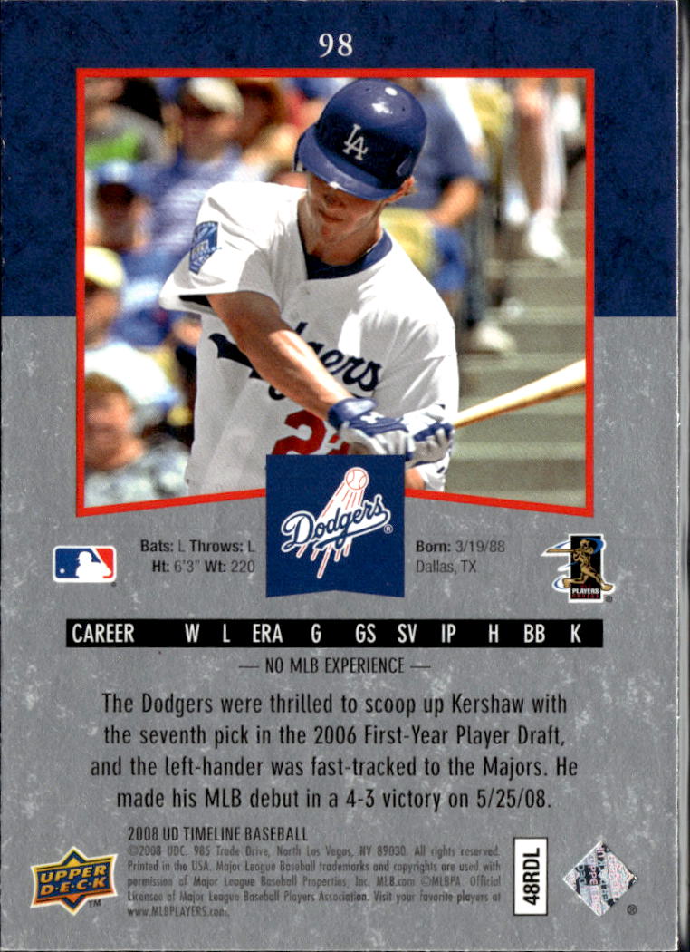 Clayton Kershaw 2008 Upper Deck Timeline Rookie RC Los Angeles Dodgers