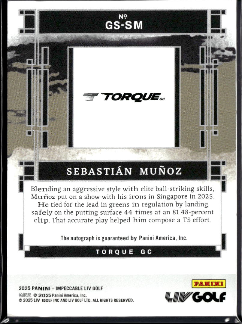 Sebastian Munoz 2025 Impeccable LIV Golf Signatures Auto Autograph 1/44 Torque