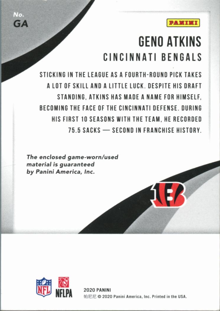 Geno Atkins 2020 Absolute Game Worn Prime Patch 31/47 Cincinnati Bengals