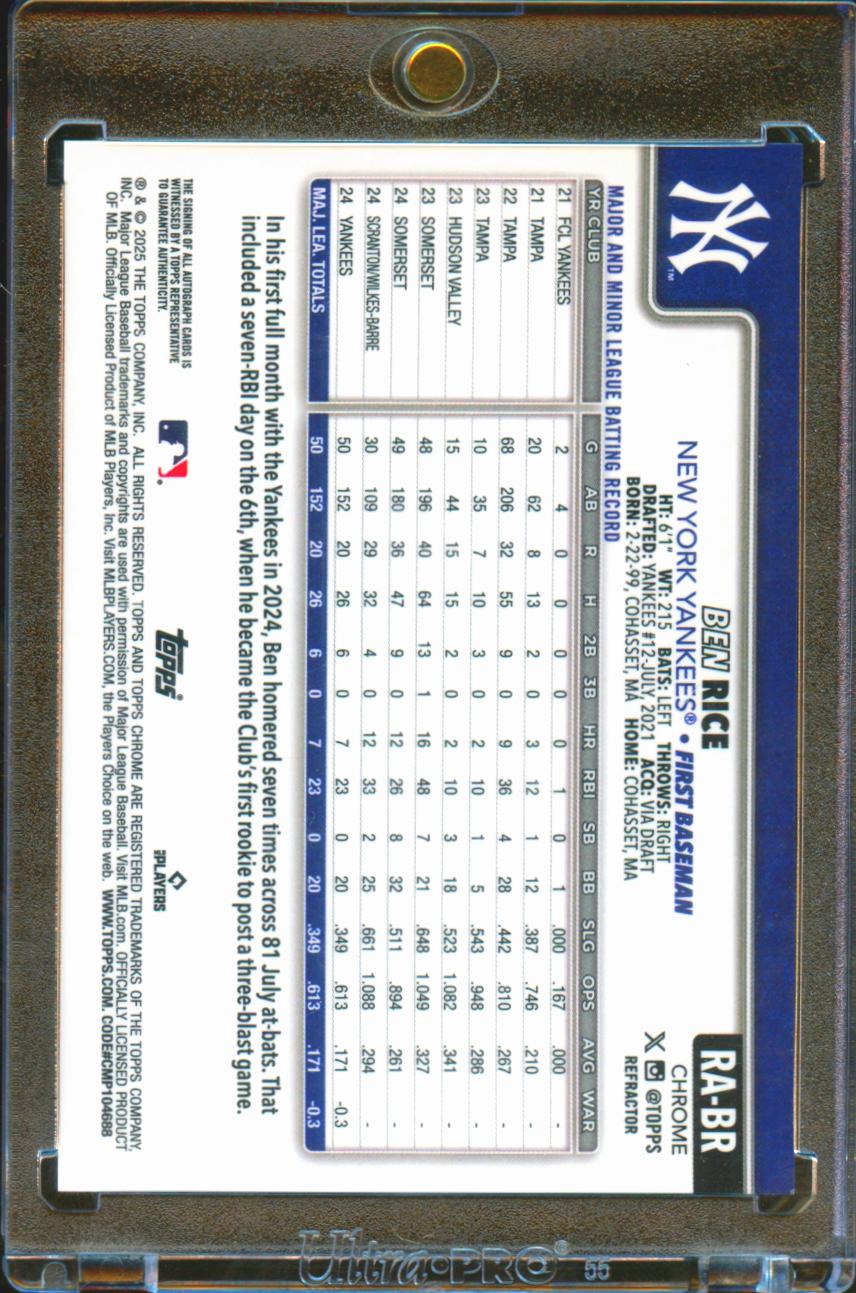 Ben Rice 2025 Topps Chrome Auto Autograph Refractor RC 448/499 New York Yankees