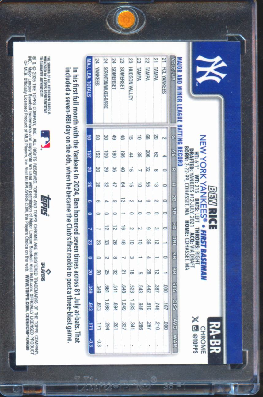 Ben Rice 2025 Topps Chrome Auto Autograph Rookie RC New York Yankees