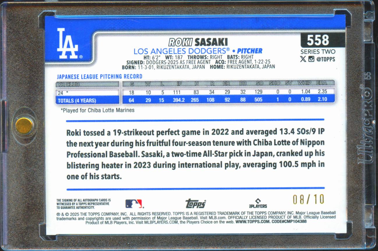 Roki Sasaki 2025 Topps BLACK Foil Auto Autograph RC 8/10 Los Angeles Dodgers