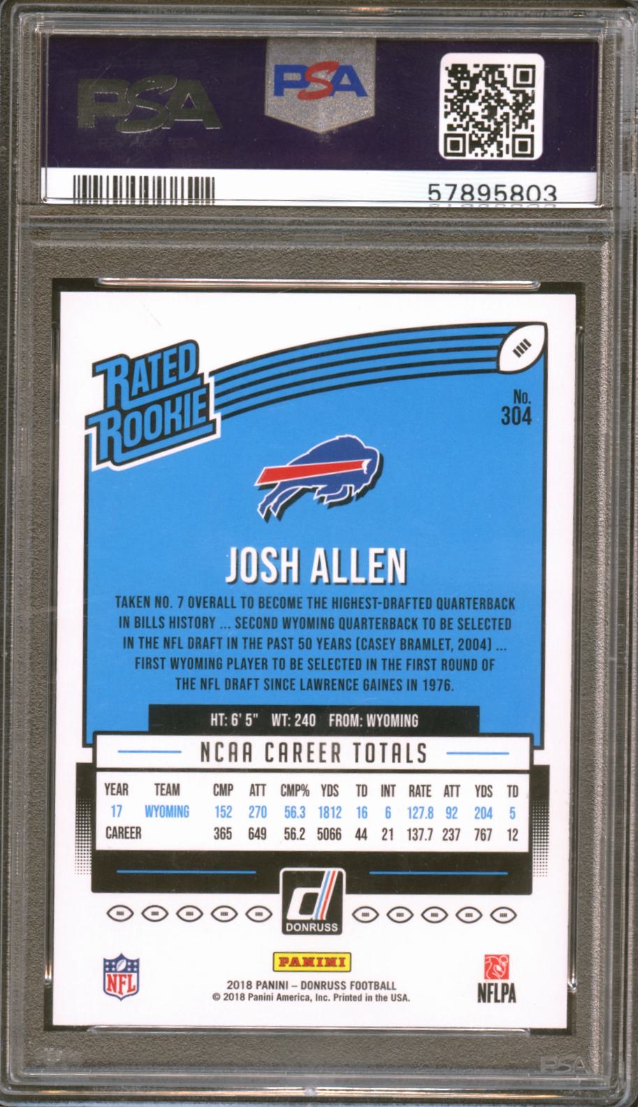 Josh Allen 2018 Donruss Rated Rookie RC Buffalo Bills #304 PSA 10