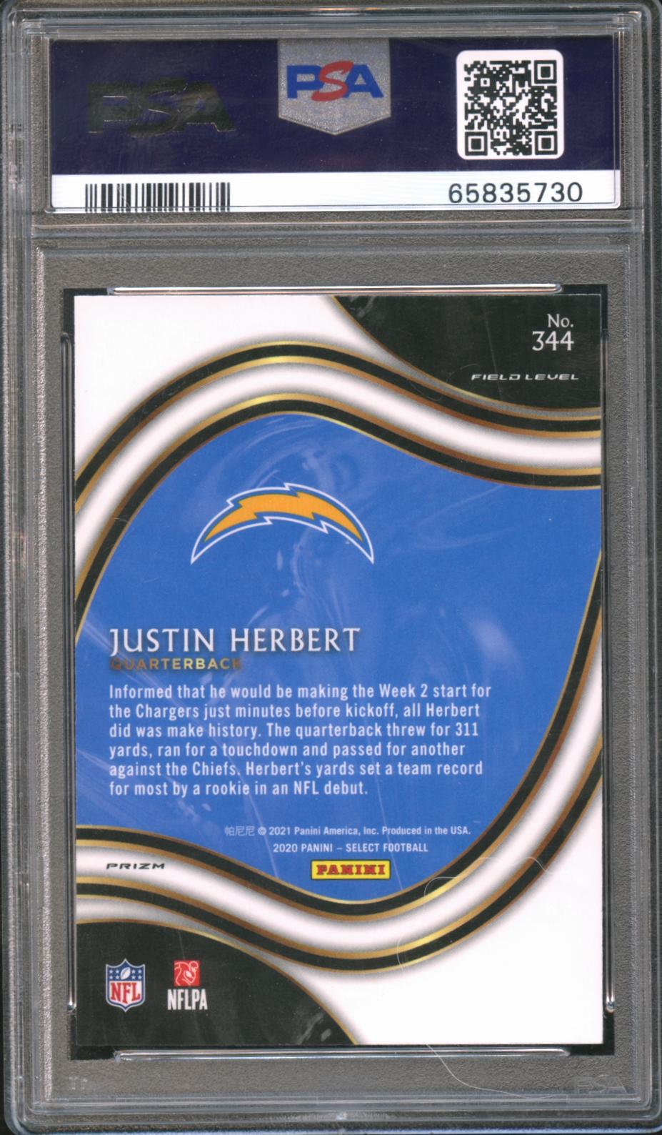 Justin Herbert 2020 Select Field Level Silver Prizm Rookie RC LA Chargers PSA 10