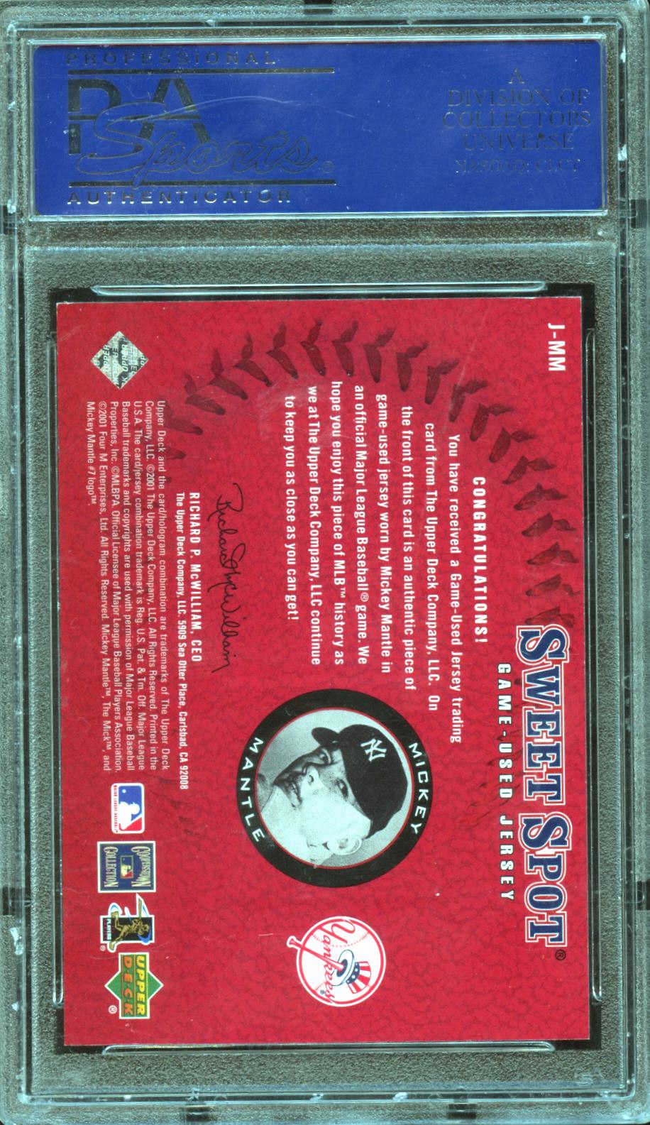Mickey Mantle 2001 Upper Deck Sweet Spot Game Worn Jersey Patch Yankees PSA 10