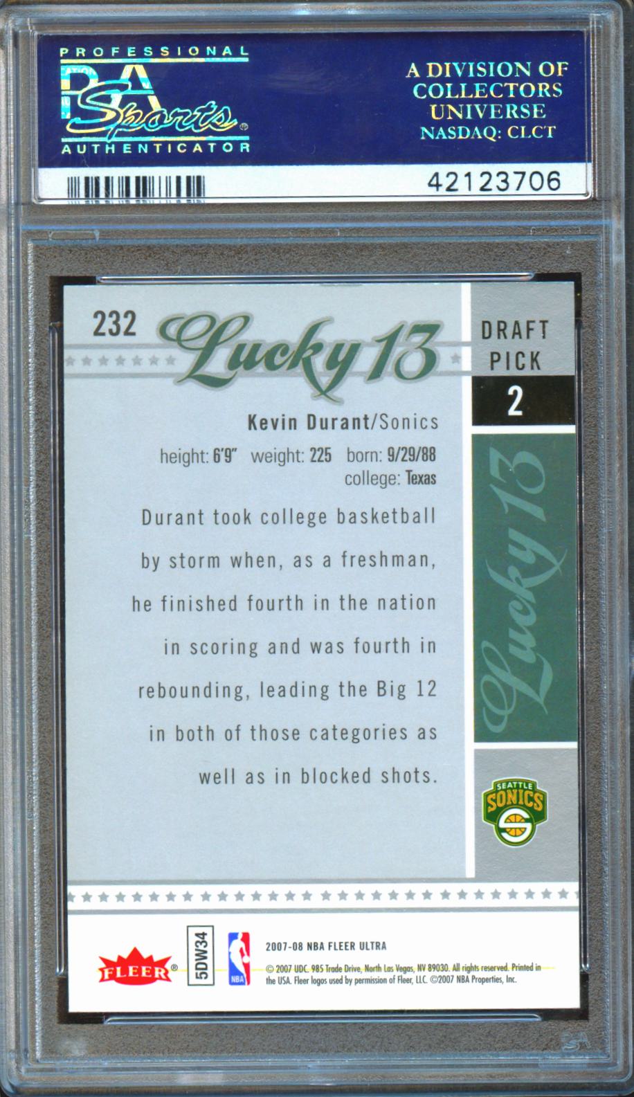 Kevin Durant 2007-08 Fleer Ultra Lucky 13 Rookie RC Supersonics #232 PSA 10