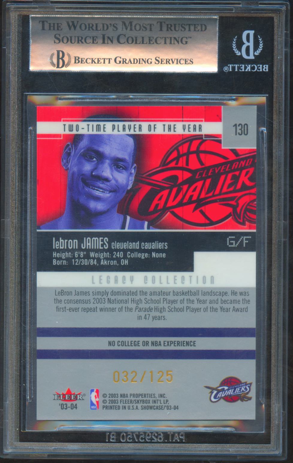 LeBron James 2003 Fleer Showcase Legacy Rookie RC Cavaliers 32/125 BGS 8.5