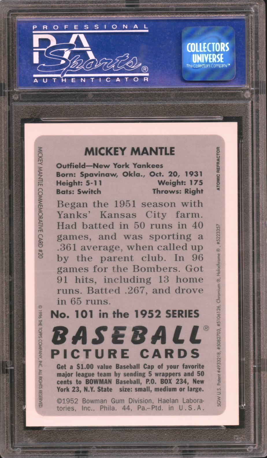 Mickey Mantle 1996 Bowman 1952 Atomic Refractor New York Yankees #20 PSA 8