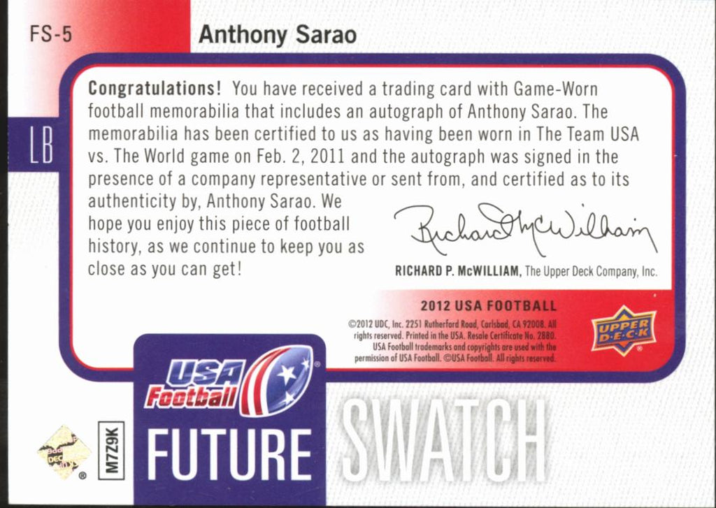 Anthony Sarao 2012 Upper Deck Auto Autograph Game Worn LOGO Patch 2/2 USA