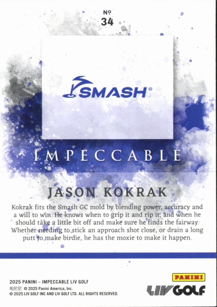 Jason Kokrak 2025 Panini Impeccable LIV Golf Card 20/25 Smash GC