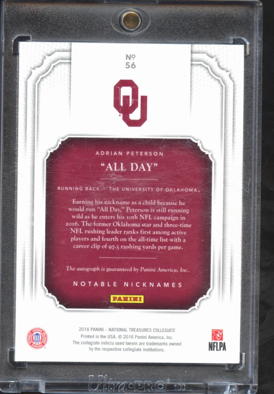 Adrian Peterson 2016 National Treasures Nicknames Auto Autograph /25 OU Sooners