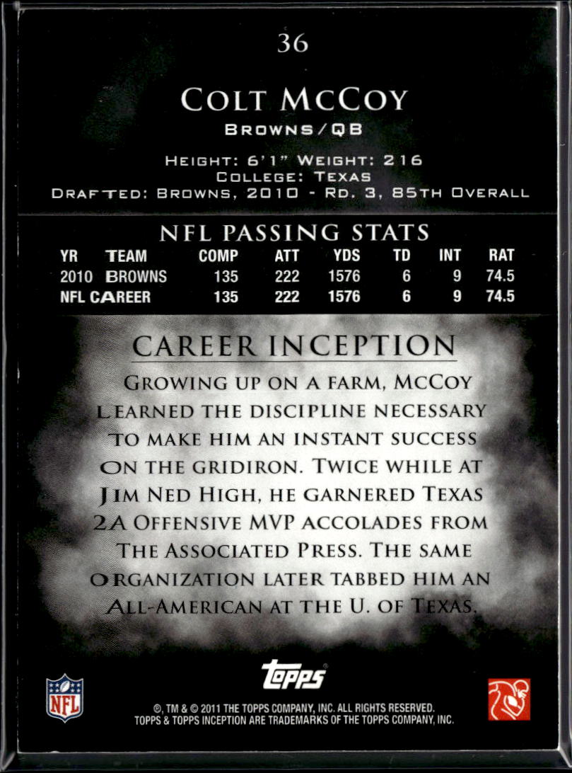 Colt McCoy 2011 Topps Inception Black 79/106 Cleveland Browns Texas Longhorns