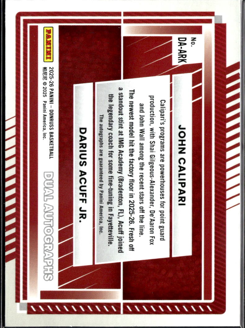John Calipari / Darius Acuff Jr. 2025 Donruss Dual Auto Autograph 8/25 Arkansas