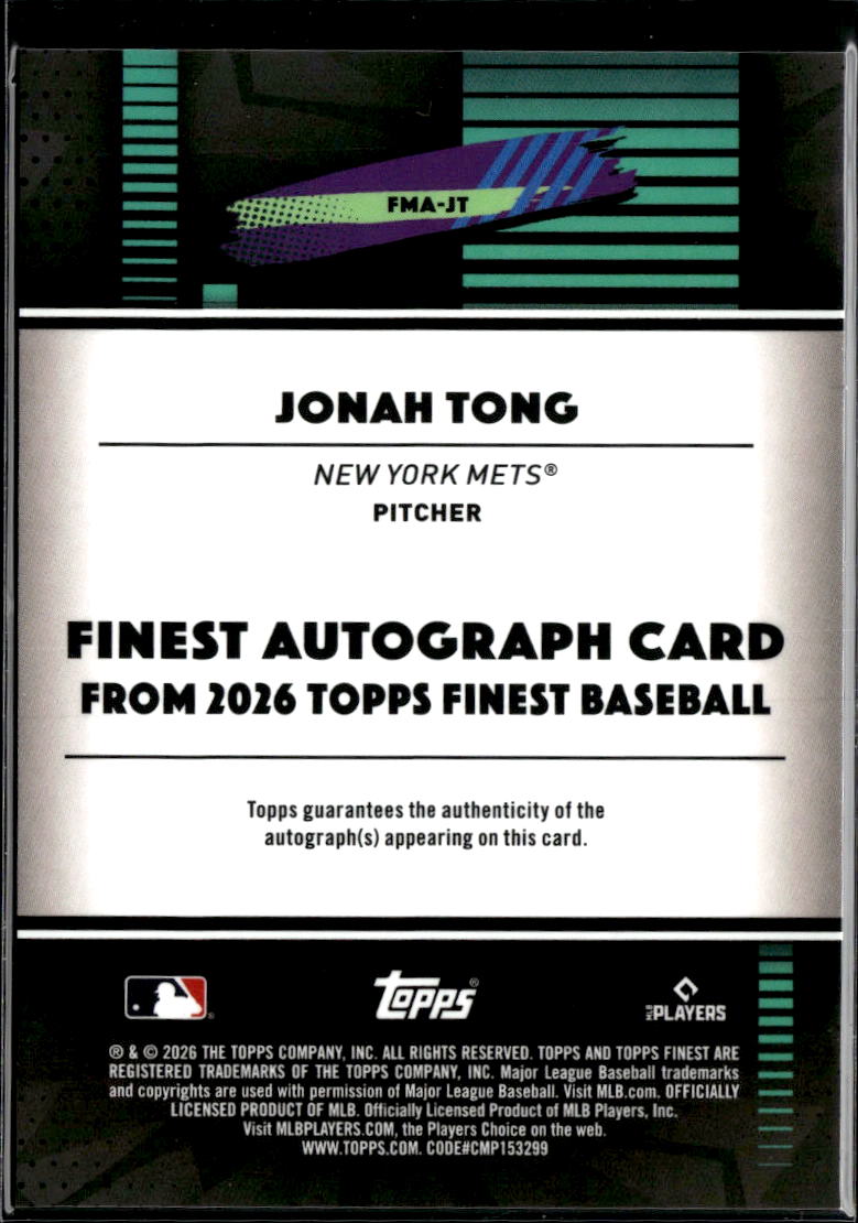Jonah Tong 2026 Topps Finest Auto Autograph RC Aqua 116/199 New York Mets
