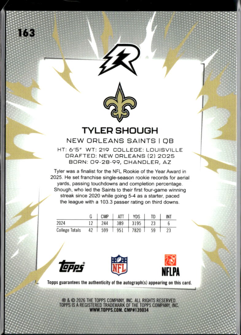 Tyler Shough 2025 Topps Resurgence Auto Autograph RC New Orleans Saints