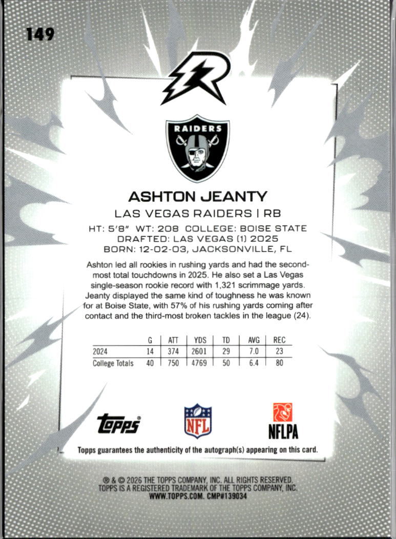 Ashton Jeanty 2025 Topps Resurgence Auto Autograph RC 224/299 Las Vegas Raiders