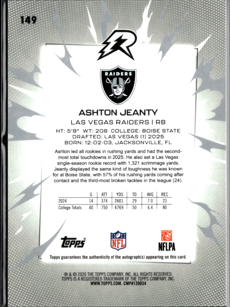 Ashton Jeanty 2025 Topps Resurgence Auto Autograph RC 44/99 Las Vegas Raiders
