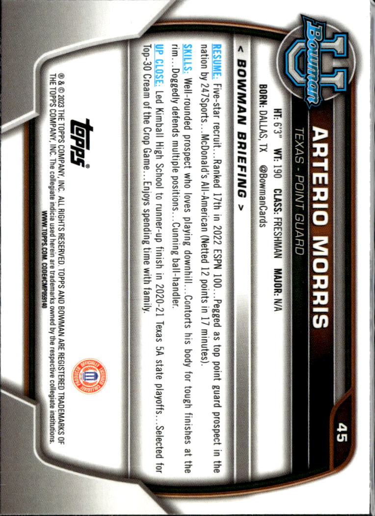 Arterio Morris 2020 Bowman University Image Variation SSP Texas Longhorns