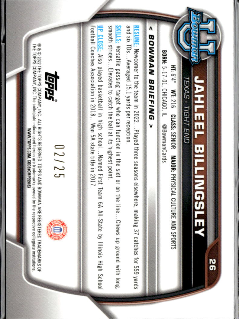 Jahleel Billingsley 2022 Bowman Chrome Orange Refractor 2/25 Texas Longhorns