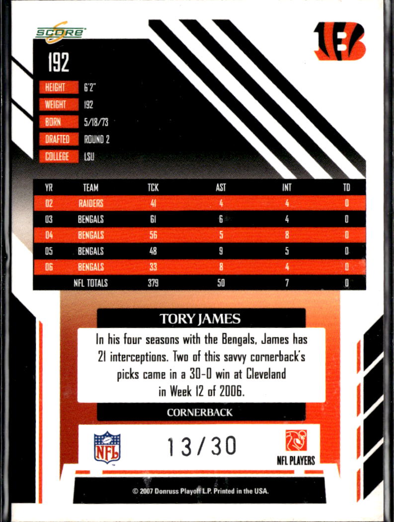 Tory James 2007 Score Select Red Zone Cincinnati Bengals