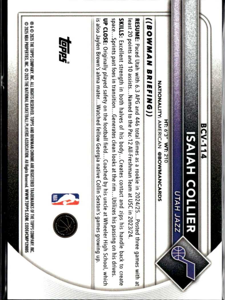 Isaiah Collier 2025  Bowman Chrome Sapphire GOLD Refractor 28/50 Utah Jazz