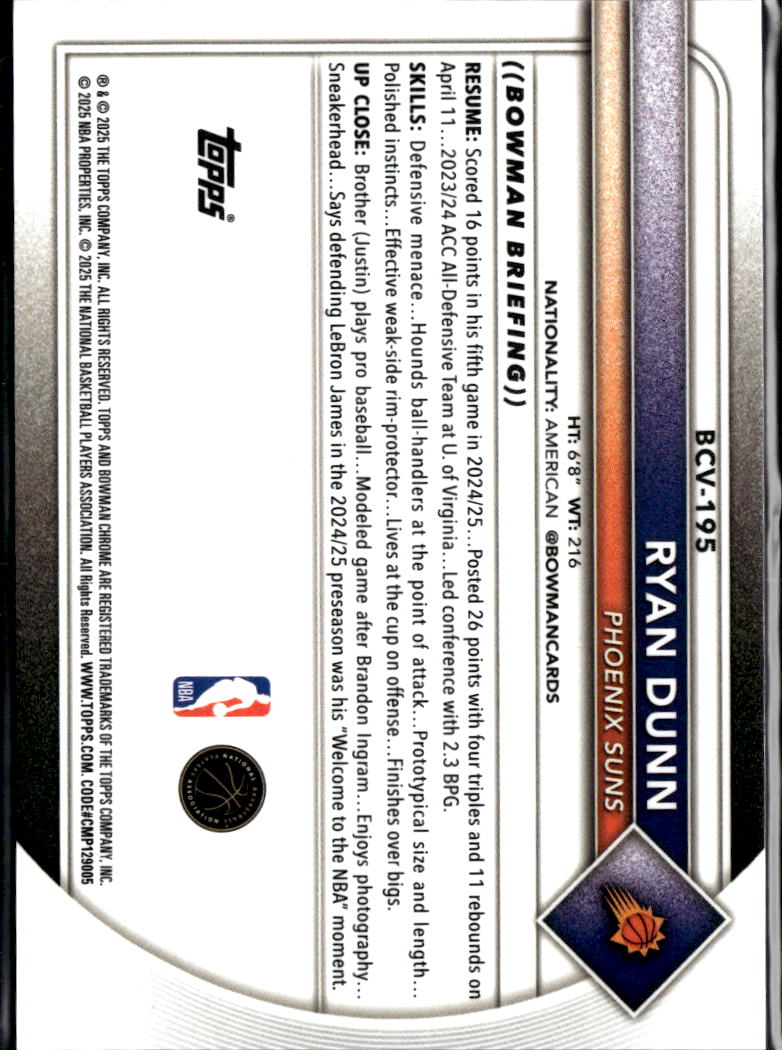 Ryan Dunn 2025 Bowman Chrome Sapphire Orange Refractor 5/25 Phoenix Suns