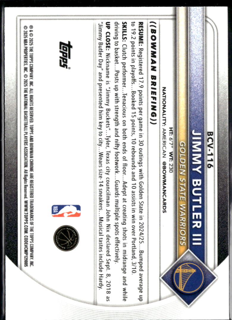 Jimmy Butler III 2025 Bowman Chrome Sapphire Yellow 19/75 Golden State Warriors