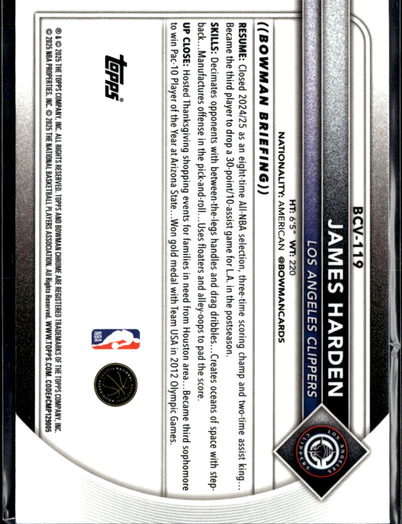 James Harden 2025 Bowman Chrome Sappire Refractor 39/75 Los Angeles Clippers