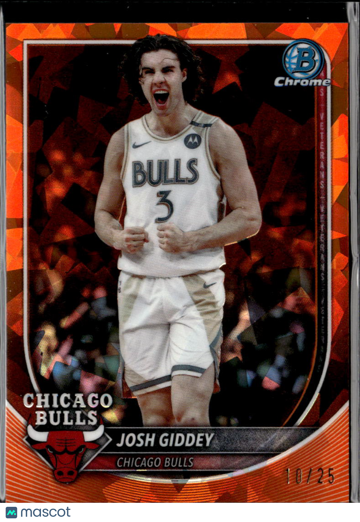 Josh Giddey 2025 Bowman Chrome University Orange Refractor 10/25 Chicago Bulls