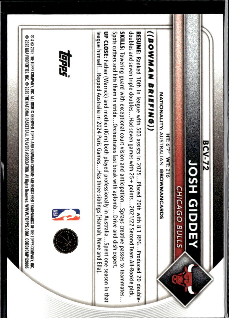 Josh Giddey 2025 Bowman Chrome University Orange Refractor 10/25 Chicago Bulls