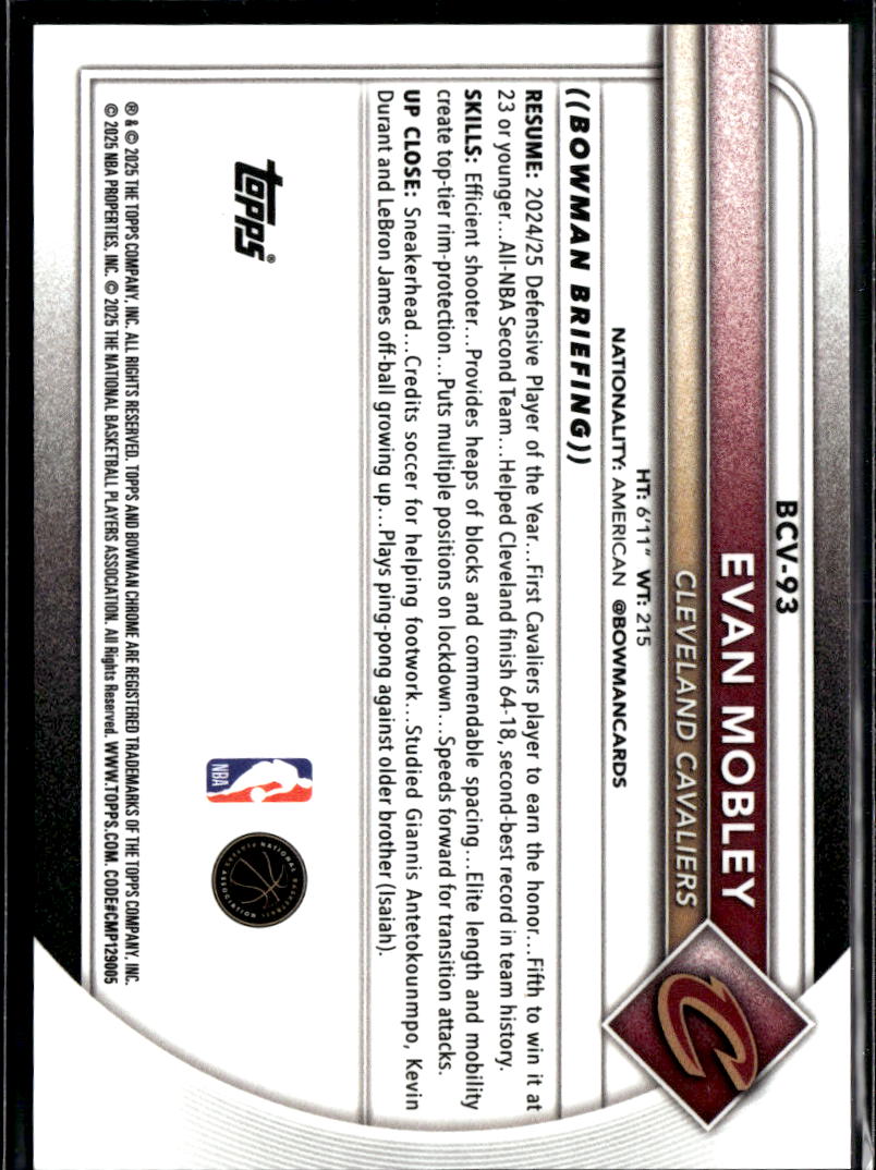 Evan Mobley 2025 Bowman Chrome Sapphire Orange Refractor 9/25 Cavaliers