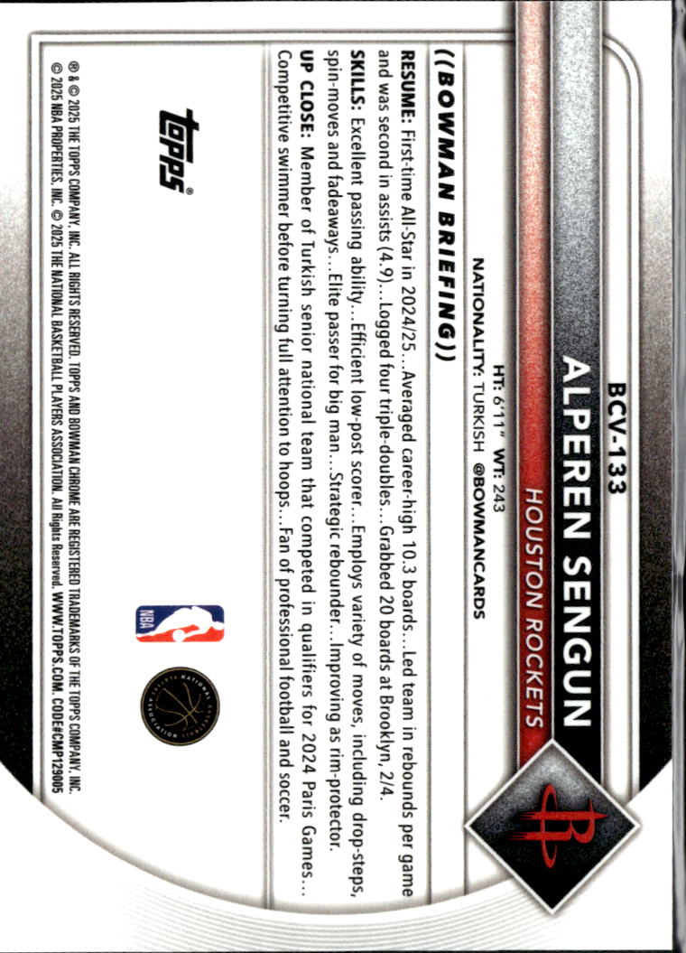 Alperen Sengun 2025 Bowman Chrome Sapphire GOLD Refractor 10/50 Houston Rockets