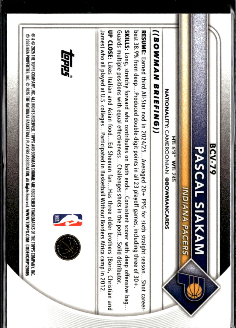 Pascal Siakam 2025 Bowman Chrome Sapphire Orange Refractor 3/25 Indiana Pacers