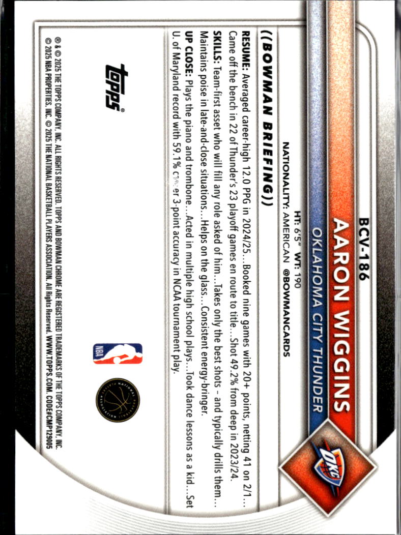 Aaron Wiggins 2025 Bowman Chrome Sapphire Orange Refractor 3/25 OKC Thunder