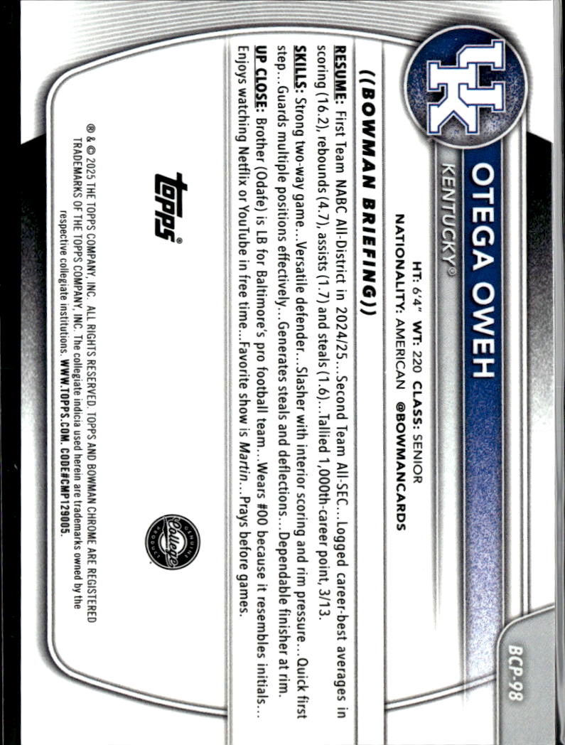 Otega Oweh 2025 Bowman Chrome Sapphire Orange Refractor 16/25 Kentucky Thunder