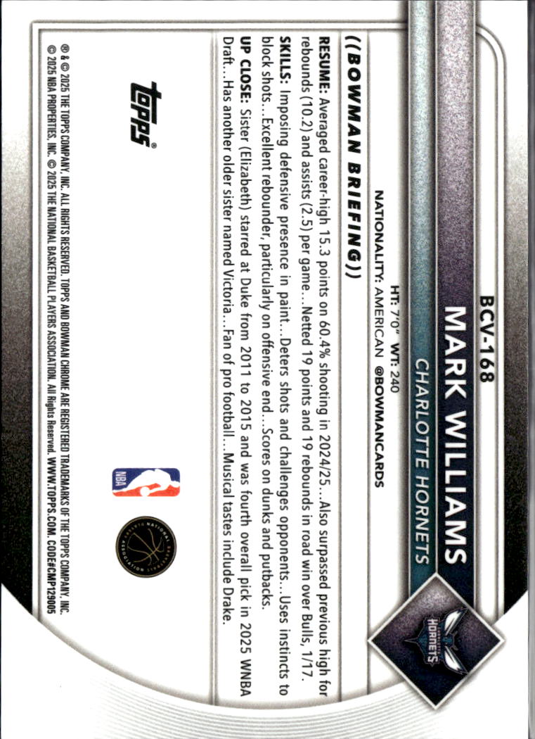 Mark Williams 2025 Bowman Chrome Sapphire Black Refractor 3/10 Charlotte Hornets