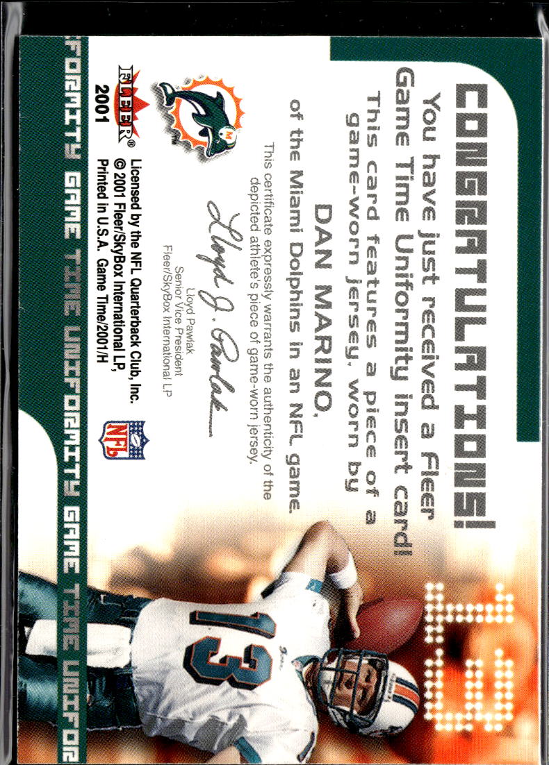 Dan Marino 2001 Fleer Game Time Uniformity 2 Color Game Worn Patch Dolphins