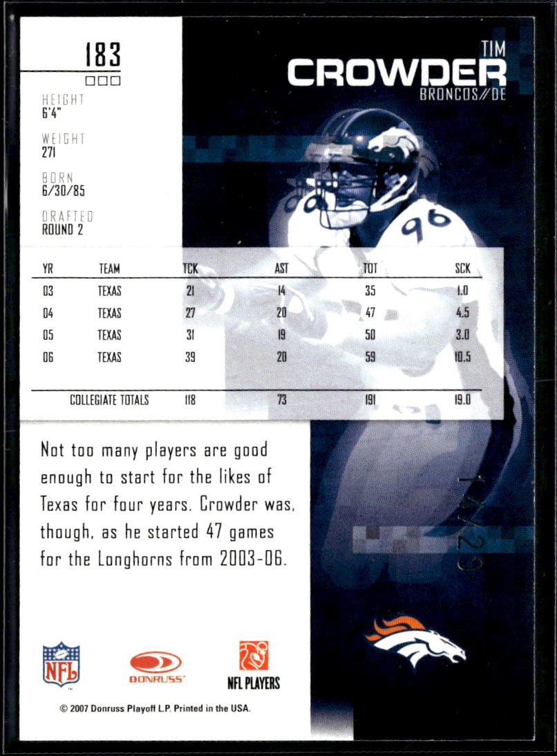 Tim Crowder 2007 Rookies & Stars Emerald Green RC 14/29 Texas Longhorns Broncos