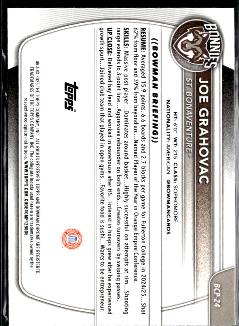 Joe Grahovac 2025 Bowman Chrome 1st Yellow RC 15/75 St. Bonaventure Bonnies